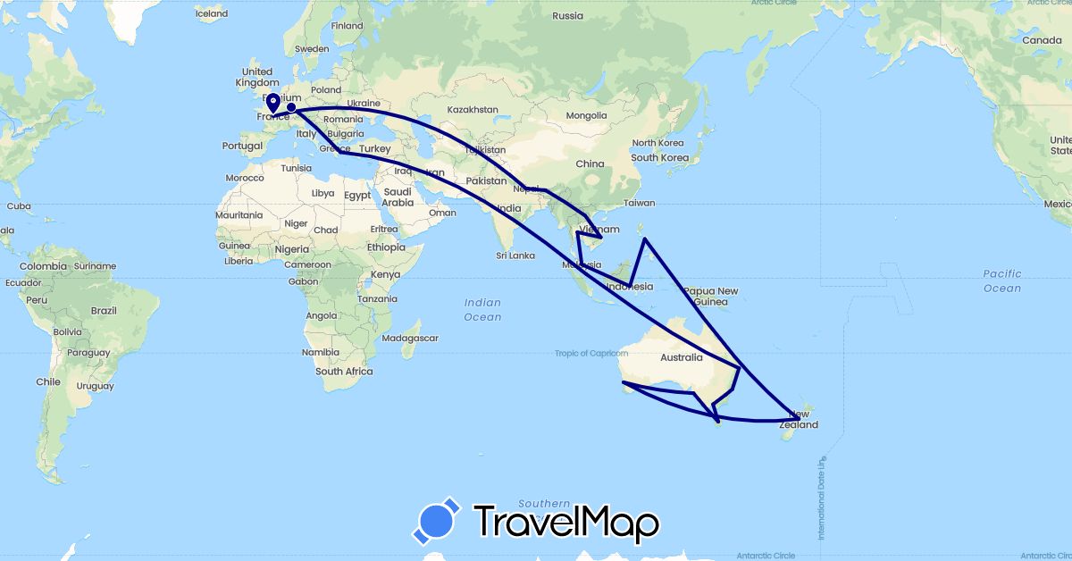 TravelMap itinerary: driving in Australia, Bhutan, France, Greece, Indonesia, Laos, Malaysia, Nepal, New Zealand, Philippines, Singapore, Thailand, Vietnam (Asia, Europe, Oceania)